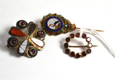 Lot 206 - A micro-mosaic and turquoise pin, a Scottish hardstone brooch and a garnet brooch (a.f.)