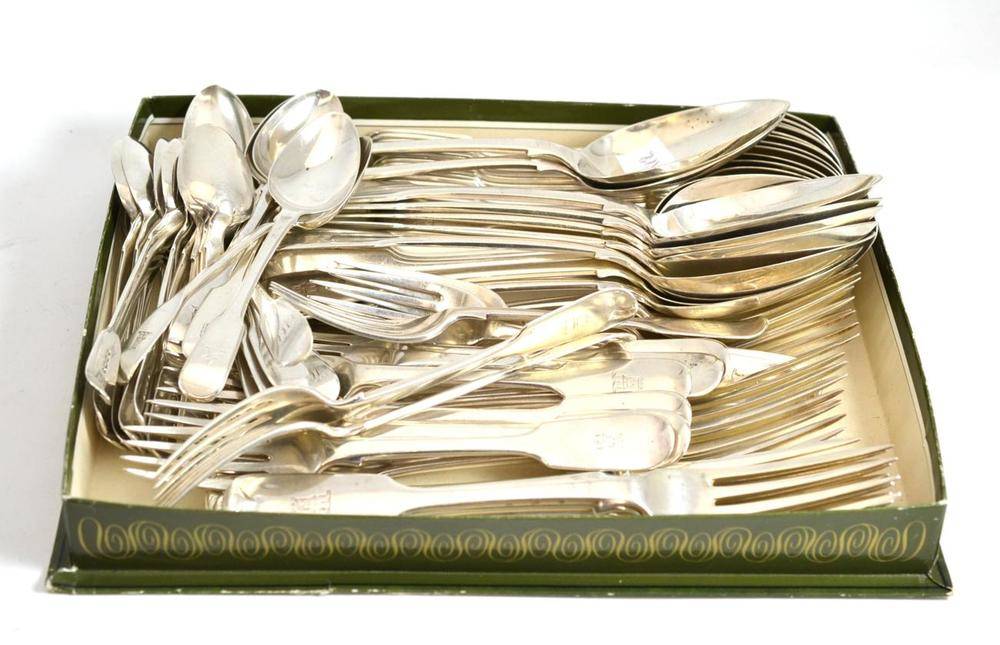 Lot 209 - A harlequin service of fiddle pattern flatware, mostly Victorian, each engraved with a castle crest