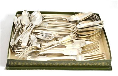 Lot 209 - A harlequin service of fiddle pattern flatware, mostly Victorian, each engraved with a castle crest