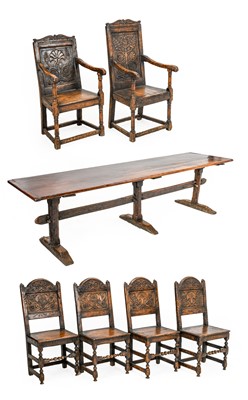 Lot 1385 - A Pine and Oak Refectory-Style Dining Table...