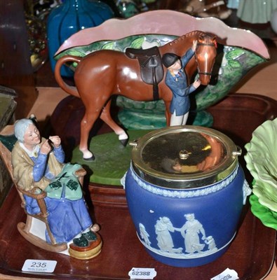 Lot 235 - A Maling vase, Doulton 'Stitch-in-time' figure, porcelain horse and jockey ornament and a...