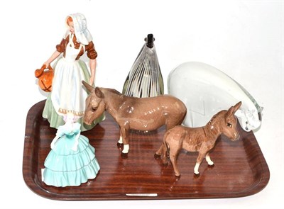 Lot 247 - Two Beswick donkeys, Doulton milkmaid, glass polar bear, penguin etc