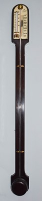 Lot 581 - A mahogany stick barometer, single vernier...