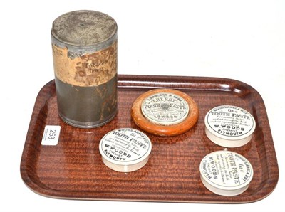 Lot 253 - Four 19th century toothpaste lids and a tin of tobacco