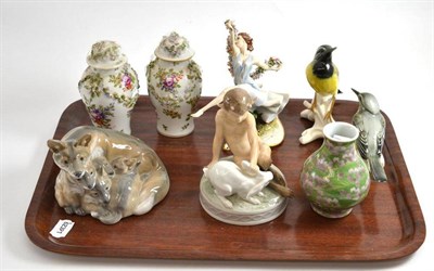 Lot 257 - A tray including Royal Copenhagen vixen and cubs, a Royal Copenhagen Pan and hare, Kaiser birds etc