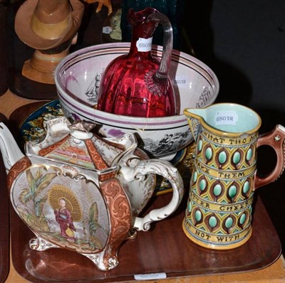 Lot 261 - Cranberry decanter, Wedgwood majolica jug, Sunderland bowl, majolica plaque and a teapot (5)