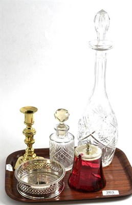 Lot 263 - Cut glass decanter, a coaster and a scent bottle