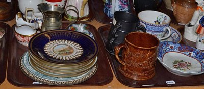 Lot 272 - Two trays including a treacle glazed frog mug, assorted English porcelain dessert service...