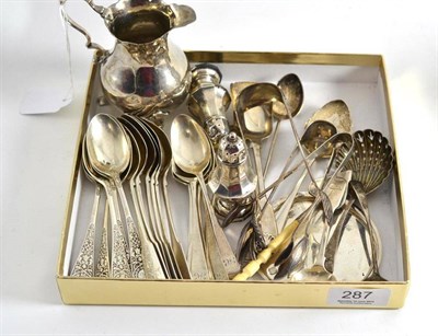 Lot 287 - Silver including Newcastle teaspoon, cream jug, pepperettes etc