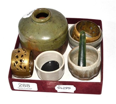 Lot 288 - Four small Korean or other pots, green stone pendant, pair brass napkin rings and a magnifying...