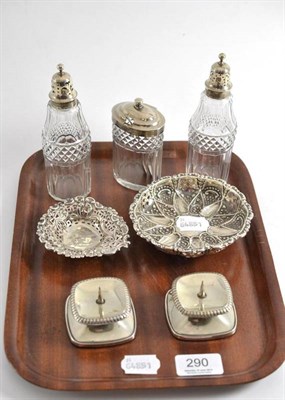 Lot 290 - Three silver mounted cut glass condiments, two embossed silver pin dishes and pair of small pricket