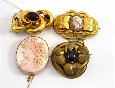 Lot 319 - A cameo brooch and three assorted brooches