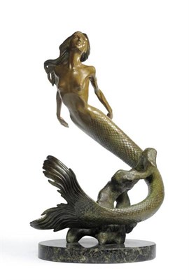 Lot 913 - Paul Kidby (b.1964):  "Atlantia ", A Green Patinated Bronze Figure of a Mermaid, swimming...