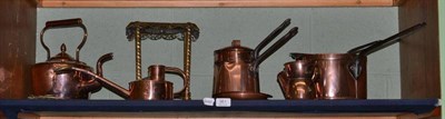 Lot 361 - A collection of copper and brass including a shaving mug, a double boiler, watering can,...