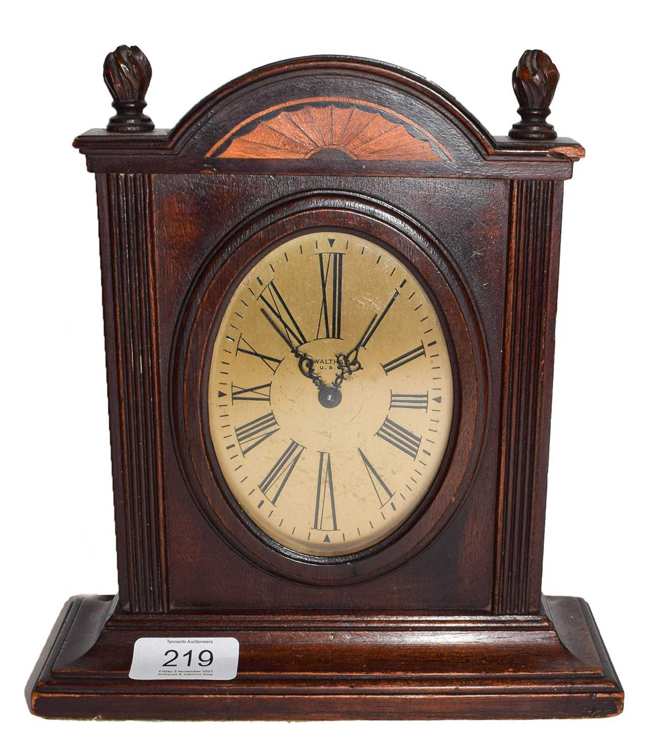 Lot 56 - A mahogany inlaid desk timepiece, signed...