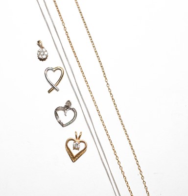 Lot 103 - A 9 carat gold diamond cluster pendant; three...