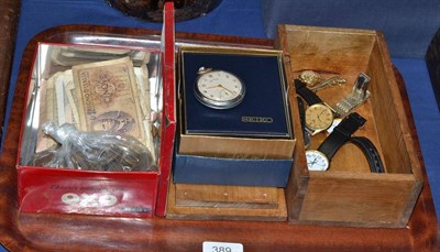 Lot 389 - A Seiko wristwatch, five other wristwatches, pocket watch and a quantity of coins and notes