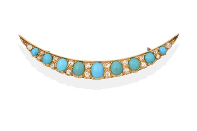 Lot 2285 - A Diamond and Turquoise Crescent Brooch