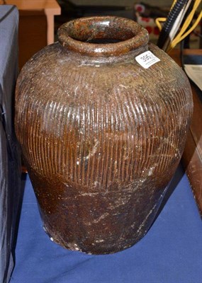 Lot 395 - Large Chinese stoneware planter, a stoneware jar and large brass table on stand