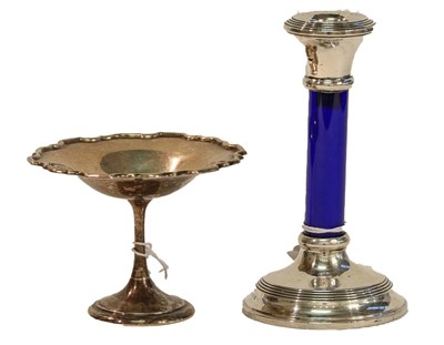 Lot 387 - A Silver mounted blue glass candlestick,...