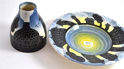 Lot 407 - Moorland Burslem 'Down the plug hole' dish and matching vase (2)