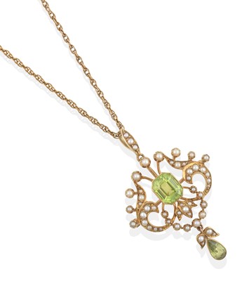 Lot 2314 - An Edwardian Peridot and Split Pearl Brooch/Pendant on Chain