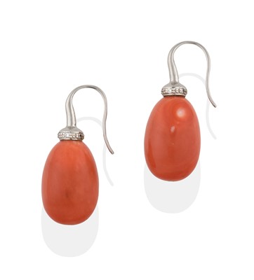 Lot 2383 - A Pair of Coral and Diamond Drop Earrings