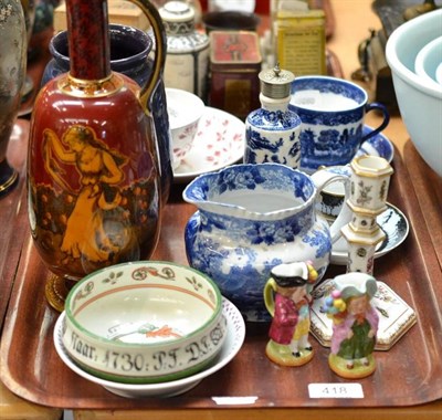 Lot 418 - A German porcelain candlestick, assorted tea wares, a purple glazed baron (Barnstaple) vase and...