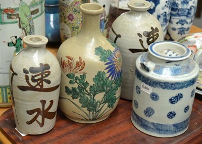 Lot 421 - A Japanese vase, a Chinese wine kettle and two Sake jars