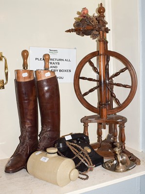Lot 115 - Spinning wheel, pair of tan leather riding...