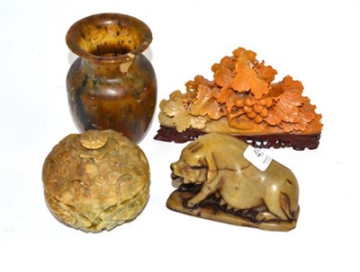 Lot 452 - A hardstone carving of a pig, a pot, a soapstone carving and a wax vase