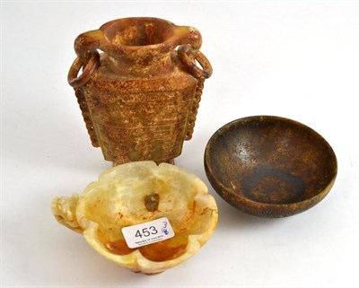 Lot 453 - A Chinese carved hardstone archaic type vase, a similar bowl and a libation cup