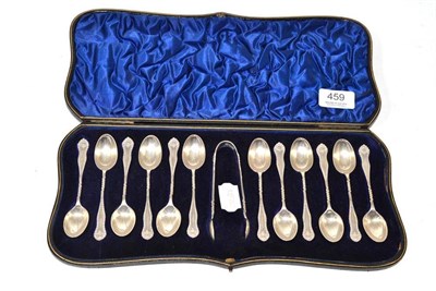 Lot 459 - Set of twelve silver teaspoons and tongs, in a fitted case