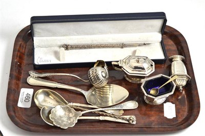 Lot 460 - Three piece silver cruet set, ink pen, five Continental silver spoons (mainly Danish) and a...