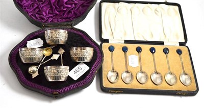 Lot 465 - Four Victorian silver salts with spoons in a fitted case and a set of six silver teaspoons with...