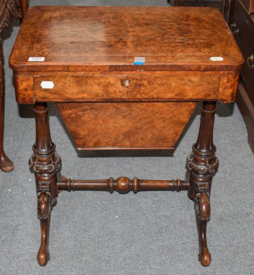 Lot 1201 - A Victorian burr walnut work table, quarter...