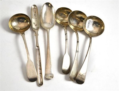 Lot 470 - An 18th century tablespoon, by TE over GS London, circa 1750, a pair of Georgian silver sauce...