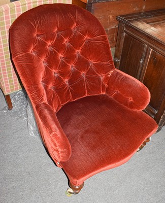 Lot 566 - A Victorian button upholstered chair, together...