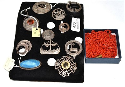 Lot 472 - Coral bead necklace, watch key, assorted silver brooches etc, one brooch stamped 'IONA', some...