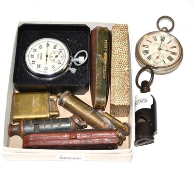 Lot 473 - A railway Timekeeper vesta case as a pocket watch, a horn NER whistle, a Boy Scout whistle, two...