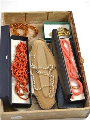 Lot 475 - Two Victorian brooches, simulated pearl necklaces, assorted coral and coral type necklaces