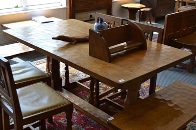 Lot 927 - A Robert  "Mouseman " Thompson Oak 5' Four Plank Dowelled Top Refectory Table, on two octagonal...