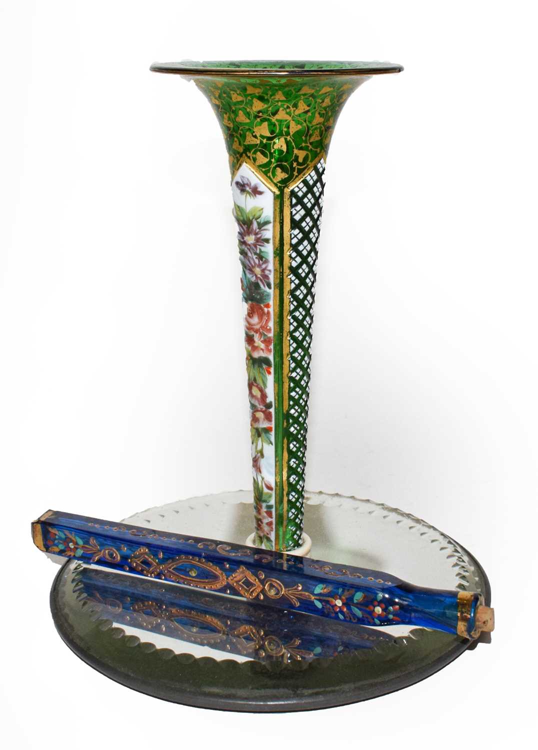 Lot 405 - An Enamelled Green Glass Trumpet Vase,...