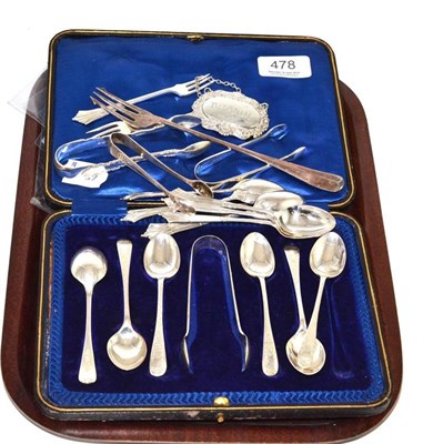 Lot 478 - Cased set of six silver teaspoons and tongs, six silver teaspoons, three pairs of tongs, brandy...