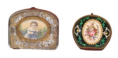 Lot 349 - Two enameled purses and a compact, one purse...