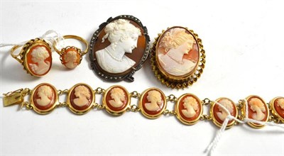 Lot 496 - Cameo bracelet, two brooches and two rings