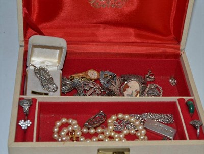 Lot 506 - A box containing assorted silver, white metal and costume jewellery