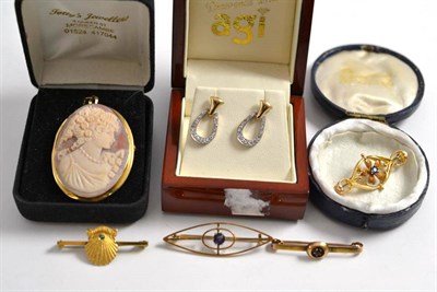 Lot 510 - A pair of white stone set earrings, cameo brooch, 15ct gold brooch, two 9ct gold brooches and a...