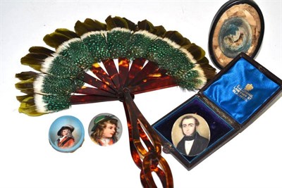 Lot 513 - Two painted porcelain panels, a 19th century painted ivory miniature, feather fan etc