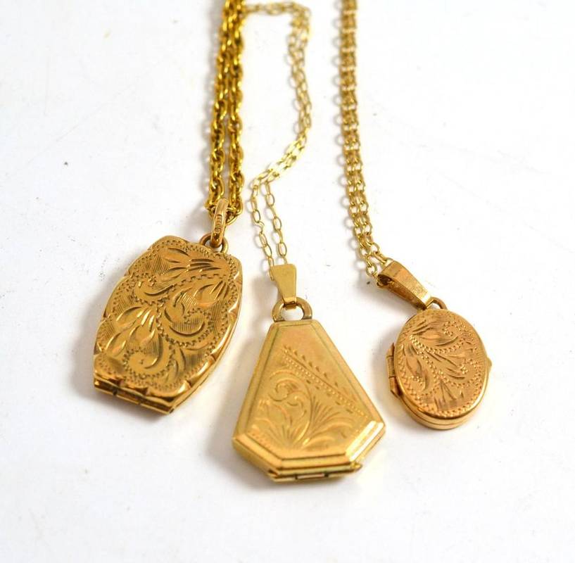 Lot 515 - Three lockets stamped '9CT', on chains